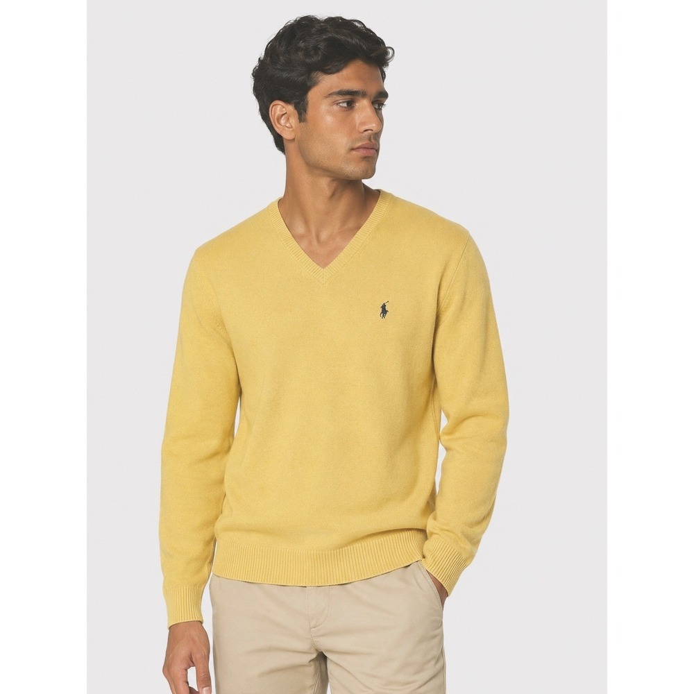 Polo Ralph Lauren Mens Yellow 100% Lambswool V-Neck Sweater M